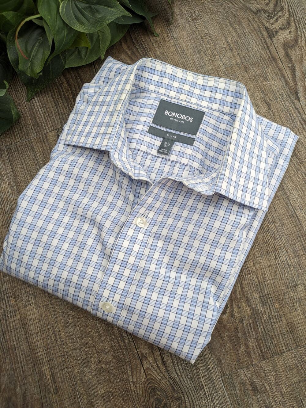 Bonobos Shirt Check Pattern Slim Fit Long Sleeve Classic Blue White Size 15.5